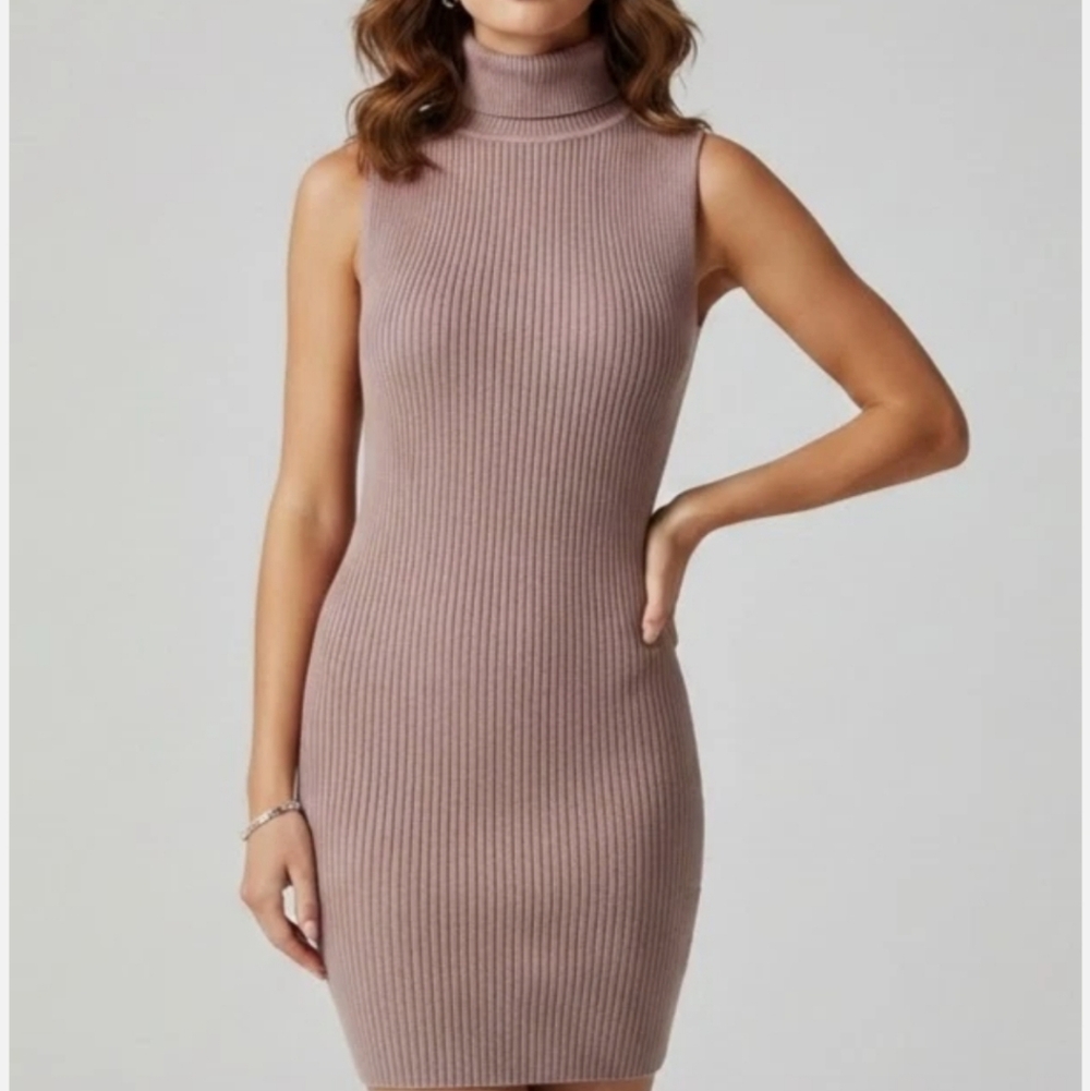 Sleeveless Ribbed Bodycon MIni Dress Beige Size S